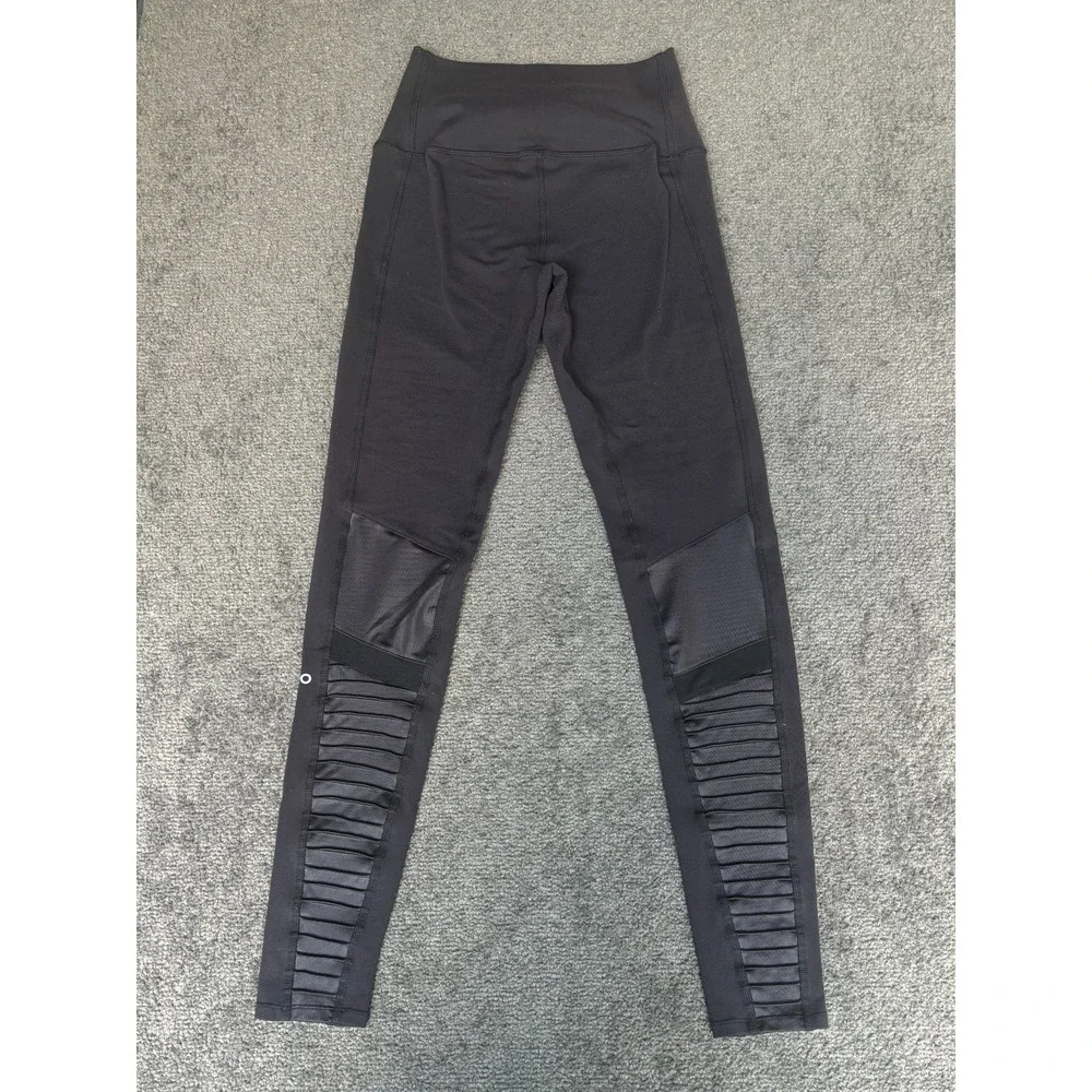 Alo Moto Leggings Women XXS Black High Waist Ribbed Panel Activewear Outdoor